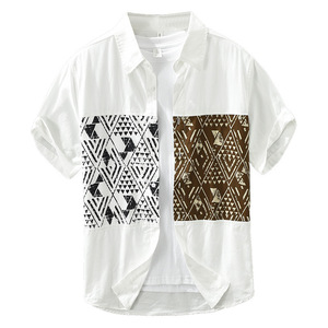 Chemises pour hommes à motif ethnique aztèque, manches courtes, décontractées, respirantes, surchemises en pur coton, patchwork, vente en gros, OEM, ODM - Product Image 5