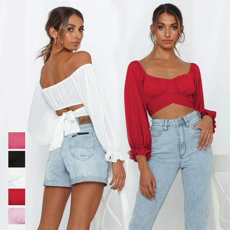 Looking up solid long sleeve lady's shirt fashion blouse shirts for women