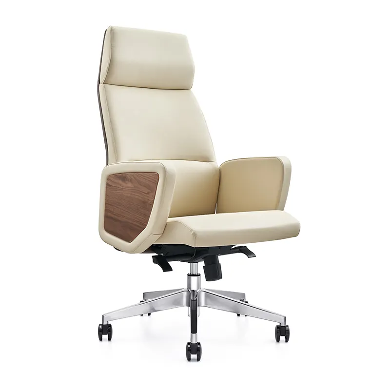 Genuine Leather Executive Boss Office Chairs Tan With Wood Armrest Work Chair Office Home
