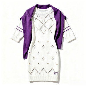 Abito in <span class=keywords><strong>Maglia</strong></span> <span class=keywords><strong>Bianco</strong></span> Casual Primaverile <span class=keywords><strong>di</strong></span> Alta Qualità OEM ODM con Design Traforato e Sciarpa Viola - Product Image 3