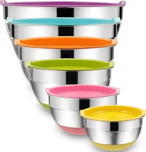 Creative Non slip Large Capacity Colorful Airtight Lid Deep Kitchen Stainless Steel Salad Mixing Bowls Set