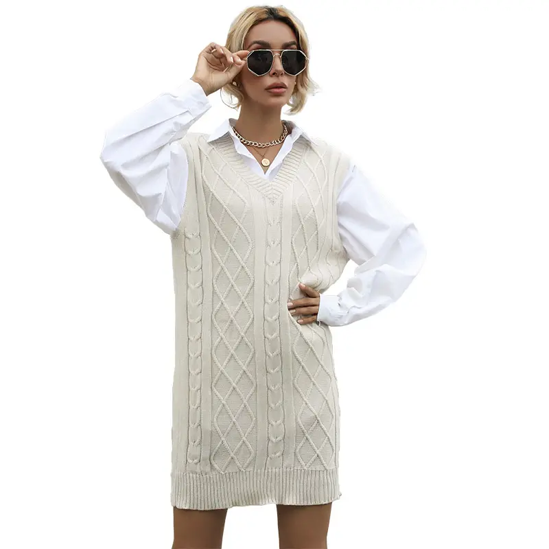 ODM/OEM moda zarif rahat düz renk kolsuz V boyun Mini elbise sıcak satış örme kazak kış elbise