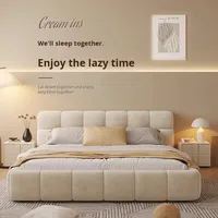 Lit King-Size Moderne et Simple en Tissu, Style Luxe Léger Crème, Cadre en Bois Massif, Revêtement Doux, Rangement, Chambre à Coucher Principale