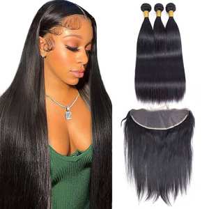 Capelli Umani Vergini Cambogiani Grezzi e Spessi, Bob 3 Fasci con Frontale in Pizzo, Vendita all'Ingrosso di Capelli Umani Vergini Lisci - Product Image 1