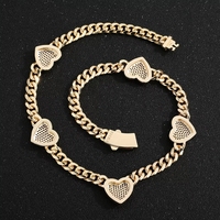 Ensemble de bijoux en laiton plaqué or 14K avec zircon, comprenant collier chaîne cubaine, bracelet, boucles d'oreilles et bagues pour femme