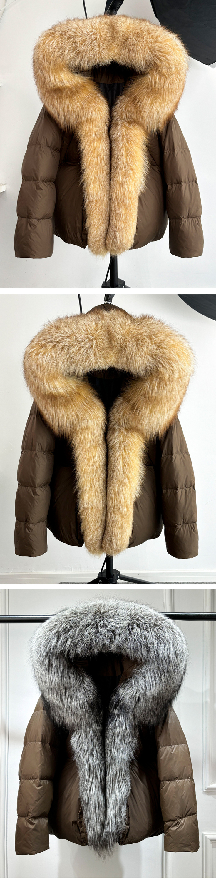 Stylish JANVENY Women's Real Fox Fur Collar Puffer Jacket - Warm
