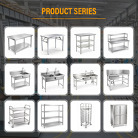 Meja Kerja Stainless Steel 2 Tingkat Kaki Bulat Kokoh, Dilengkapi Penguatan, Food Grade 304, Tersedia OEM, untuk Dapur Bakery