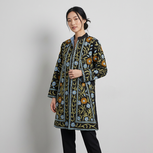 Suzani Embroidered Floral Design Three Quarter Sleeve Reversible Sheep Skin Leather Jacket Ladies Breathable Eco-Friendly Spring - Product Image 1