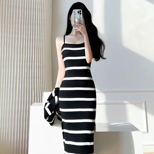 Autumn Sexy Slim-Fit Dress Set Kurze Strickjacke und gestreiftes sexy <span class=keywords><strong>Slip</strong></span> Dress <span class=keywords><strong>Knit</strong></span> Zweiteiliges Set für Frauen - Product Image 6