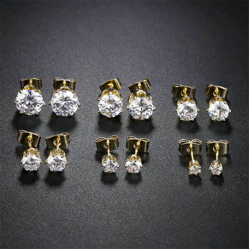 High Quality 316L Stainless Steel 18K Gold Plated Round Cubic Zirconia CZ Stud Earrings for Women Jewelry Wholesale