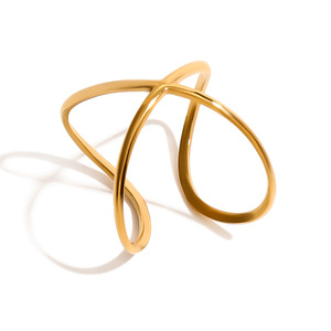 X-Shaped Cross Line <b>Open</b> <b>Ring</b> 18k Gold Stainless Steel Geometric Design Unisex Fashion Jewelry Gift - Product Image 1