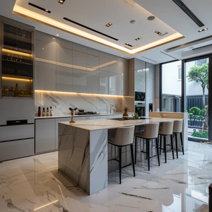 Meubles de cuisine sur mesure en pierre, portes en bois massif, design sans poignées, îlot de rangement, écologique, résistant à l'eau, pour un style moderne - Product Image 4