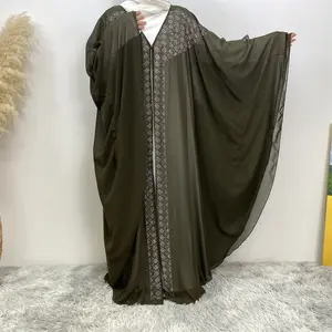 Spring Chiffon Muslim Women's Bat Sleeve Hot Drilling Kaftan Women's Cardigan Turkish Islamic Abaya Loose Breathable Robe