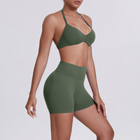Set Olahraga untuk wanita, 2 potong Halter depan putar, bra olahraga pinggang tinggi, celana pendek Biker, pakaian latihan Gym Yoga