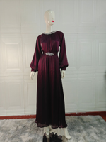 Robe Abaya Musulmane Élégante en Satin Polyester Brillant, Ornée de Strass, Manches Longues, Robe de Soirée Maxi, Ceinture en Strass pour Femmes