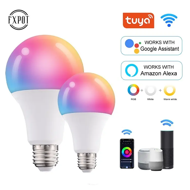Fxpot Smart Alexa Led Light Hot Sale Wireless Tuya E27 Color Change Led Remote App Control Smart RGB WIFI Light Bulb