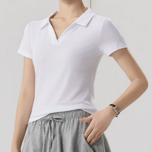 Camiseta Polo de Manga Corta de Punto de Color Sólido para Mujer, Informal, de Longitud Regular, con Cuello en V - Product Image 3