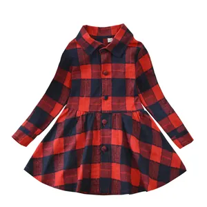 Frühling Herbst 2 bis 10 Jahre Mädchen Kleidung Langarm Plaid Kleidung Kleinkind Mädchen Rot Plaid Kleid Button Up Kinder Kleidung