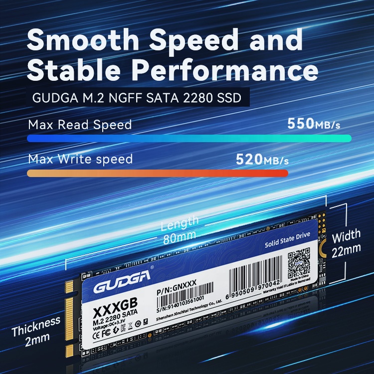 SSD M.2 Sata, Gudga, 2280, GN, 550Mbs 500Mbs.
