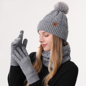 <span class=keywords><strong>Bonnet</strong></span> tricoté de couleur unie personnalisé avec gants et écharpe <span class=keywords><strong>Ensemble</strong></span> d'extérieur trois pièces pour femmes résistant au froid et chaud pour l'hiver - Product Image 3