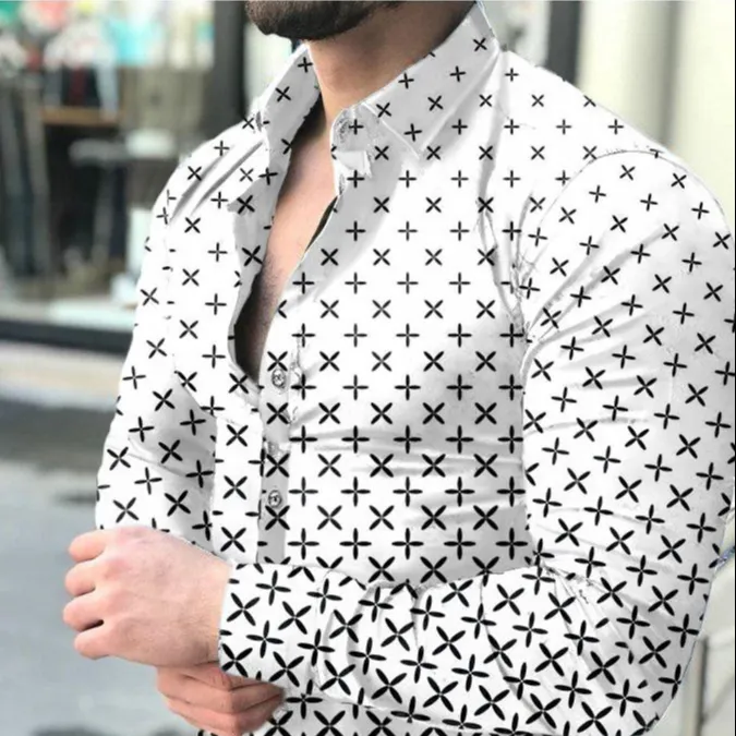 New men's fashion casual Fall loose trend printing polka dot striped cardigan long sleeve shirt