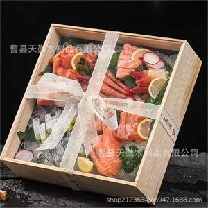 Wooden Sushi Packaging <b>Box</b> Rectangle <b>Pine</b> Portable Food Takeaway Container - Product Image 3