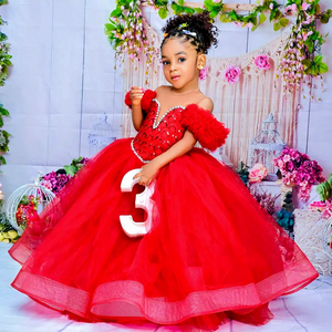 Tüll-Blumenmädchenkleid für Hochzeiten mit Perlen, Rüschen und Applikationen, Prinzessinnenkleid für Kindergeburtstage und Erstkommunion - Product Image 1