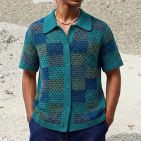 Outdoor Casual Tartan-Design Durchbrochenes Gestricktes Herren-T-Shirt Europäisch-Amerikanischer Handgehäkelter Atmungsaktiver Strick-Herren-Cardigan