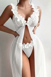 Robe <span class=keywords><strong>longue</strong></span> en maille transparente pour femmes, lingerie en dentelle, chemise de nuit avec bordure florale, personnalisable - Product Image 4