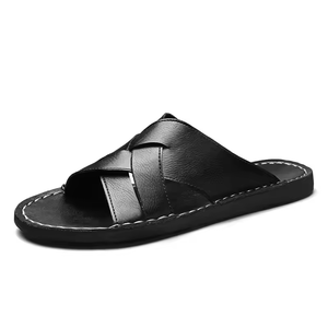 Zapatos de cuero de vaca de lujo para hombre, sandalias planas con punta abierta, pantuflas de moda, sandalias de talla grande para hombre, zapatos para caminar en la playa al aire libre. - Product Image 3