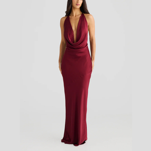 Personalizado peso ligero sedoso satén completamente forrado desmontable flor Halter Bias corte espalda descubierta señoras elegante Maxi tejido vestidos de noche - Product Image 3