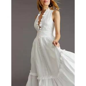 Vestido Midi de Algodón Blanco Puro con Cuello en V, Encaje, Lazo y Estilo Halter para Mujer, Verano, Bohemio, Casual, Patchwork, Transpirable, Lavable y Ecológico - Product Image 1