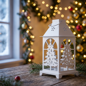 Wholesale White Iron Handmade Lead Free Candle Holder Lantern with Christmas <b>Tree</b> Cutwork for Home Decoration - Product Image 1