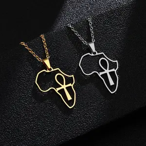 Manufacturer Egyptian Africa Map Chain Necklace Stainless Steel Silver 18K Real Gold Plated Egypt Ankh Pendant Necklace