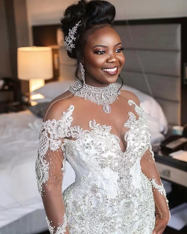 long sleeve illusion mermaid wedding dress Elegant Illusion Sleeves Lace Mermaid Wedding Dress -