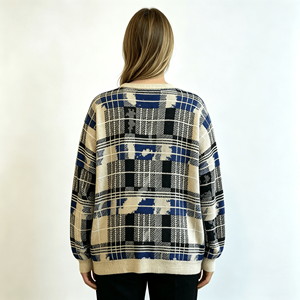 Pull en tricot pour femme, style pull-over à col rond et manches longues, motif écossais teint par pulvérisation, style tricot torsadé, pour un usage décontracté - Product Image 3