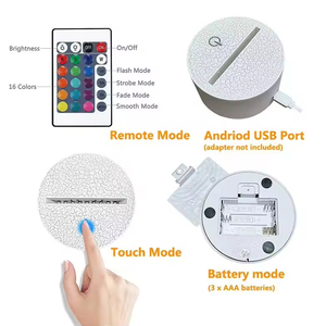 RGB LED Night <b>Light</b> Touch Base USB Cable 3D Acrylic Black ABS Middle <b>Plug</b>-In Modern Design Bedroom Application AAA Battery CE - Product Image 5