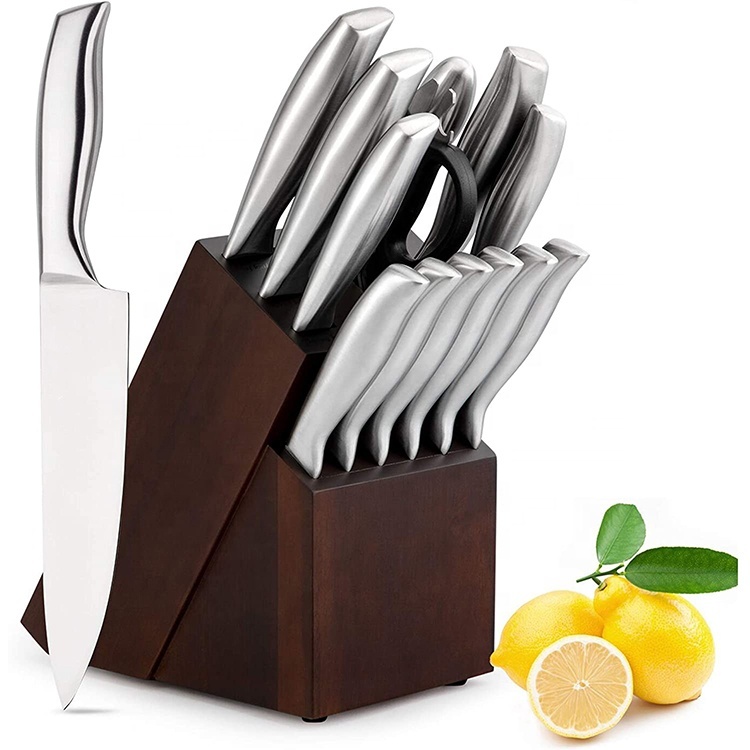 Amazon горячая Распродажа набор кухонных ножей с полыми ручками 14 шт., супер острые, модернизированные Антикоррозийные столовые приборы набор ножей с деревянным блоком