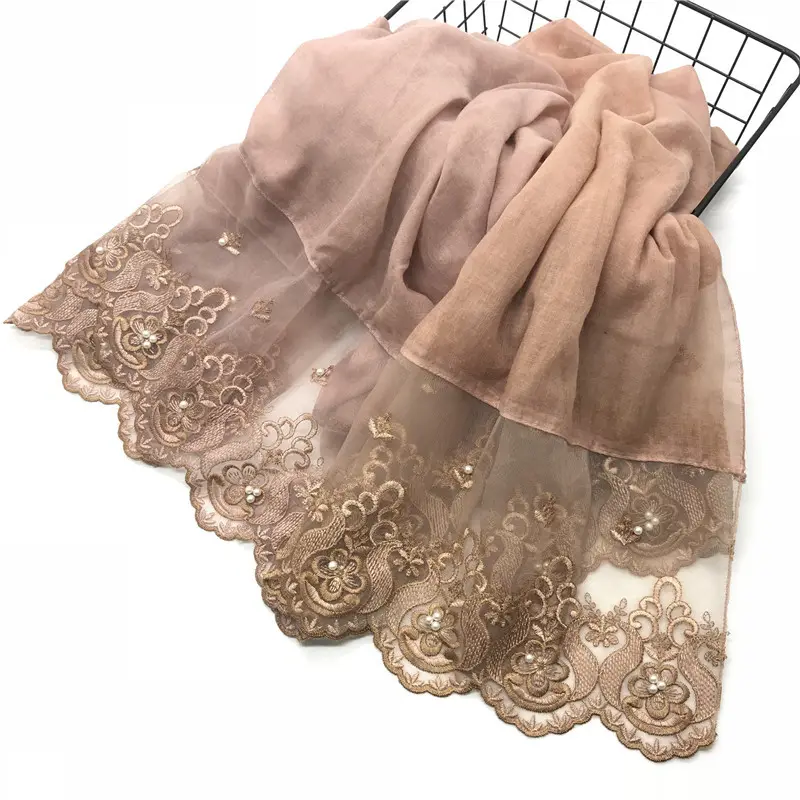 Lace Hijabs Pearls Decoration Solid Color Two-headed Plain Chiffon Hijab Customize Scarves Hijab Scarf Shawl