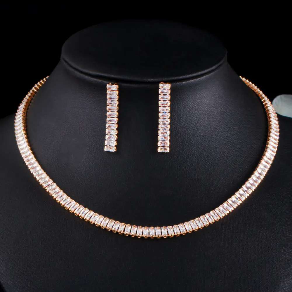 Shiny Elegant White Baguette Cubic Zirconia African 18k Gold Plated Women Wedding Necklace Earrings Brides Jewelry Set
