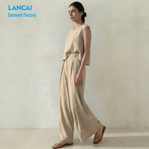 Fabricante de Ropa Verificado, Conjuntos Personalizados con Top Sencillo y Pantalones Anchos de Lino para Mujer, Conjunto de 2 Piezas - Product Image 1