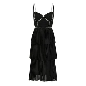 Sunnydaysweety Modern Minimalism Black Sexy Suspender Dress Pleated Party Long Dress with Shiny Diamond