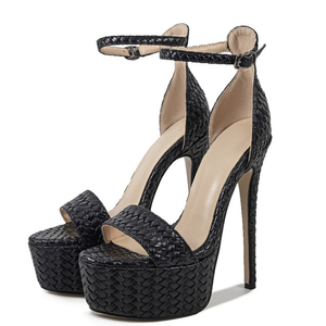 Sandales à plateforme épaisse et talons hauts fins, avec empeigne tressée et bride unique, sexy, pour femmes, grandes tailles 45, pour pieds larges - Product Image 6