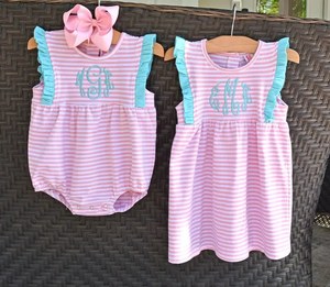 Monogramwholesale-peleles para bebé y niña, Pelele de algodón tejido a rayas, Pelele de burbujas con volantes 2023 - Product Image 3