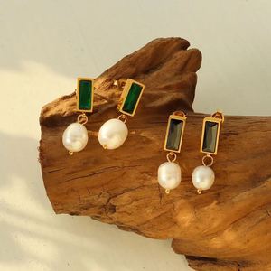 Luxury Fashion 18k Gold Stainless Steel Baroque Pearl Earrings Women Shiny Zircon <b>Emerald</b> <b>Stud</b> Earrings - Product Image 1