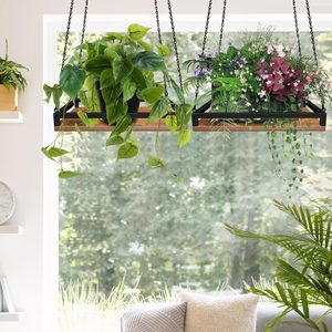 Support de jardinière suspendu en bois de 16 ''avec cadre en métal et étagère de jardinière de plafond à chaîne pour plantes d'intérieur - Product Image 6