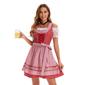 Adult Women's <b>Beer</b>-Themed Oktoberfest Dirndl Dress Red Gingham Skirt with Apron Fancy Costume Party Wear - Product Image 5