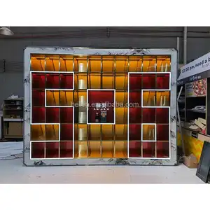 Factory Custom Retail Store Wall Furniture Decoration Wine Rack Whiskey Bottle Stand Wooden Wine Display Cabinet With LED Light