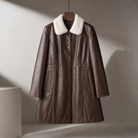 Manteau vintage en cuir de mouton marron avec col en fourrure de vison, veste mi-longue à nouer à la taille pour femme