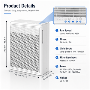 Purificador de aire eléctrico portátil para el hogar para filtro HEPA H13 de 750 pies cuadrados, prefiltro lavable de iones negativos para Humo de caspa de pelo de Mascota - Product Image 2